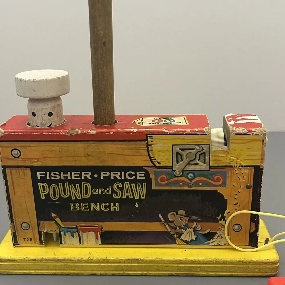 Fisher Price POUND and SAW BENCH Wood w/Paper Litho Vintage 1965 - (READ)